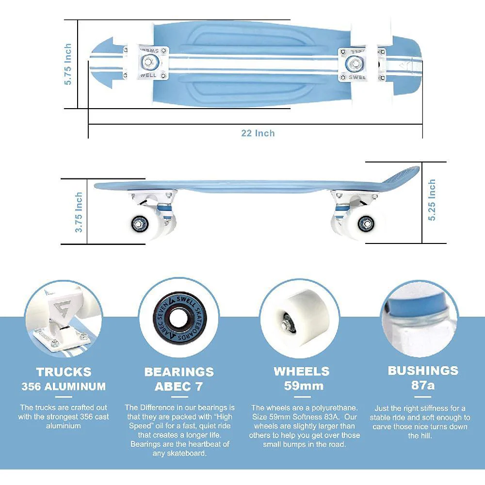 Swell 22" Stringer Powder Blue White Mini Skateboard - Image 8
